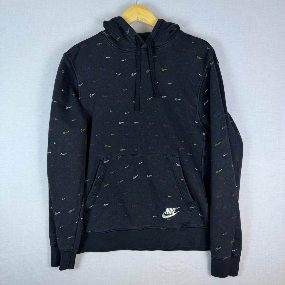 Nike Hoodie Sweatshirt All Over Print Swoosh Black Multicolor Y2K Mens M